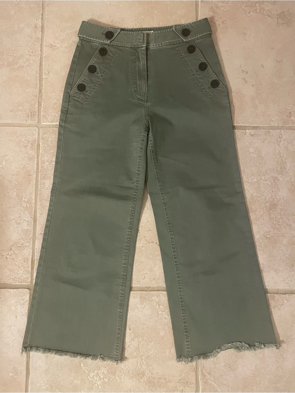 NWOT. Derek Lam Olive Green High-Waist Wide-Leg Cropped Jeans with Button Detail